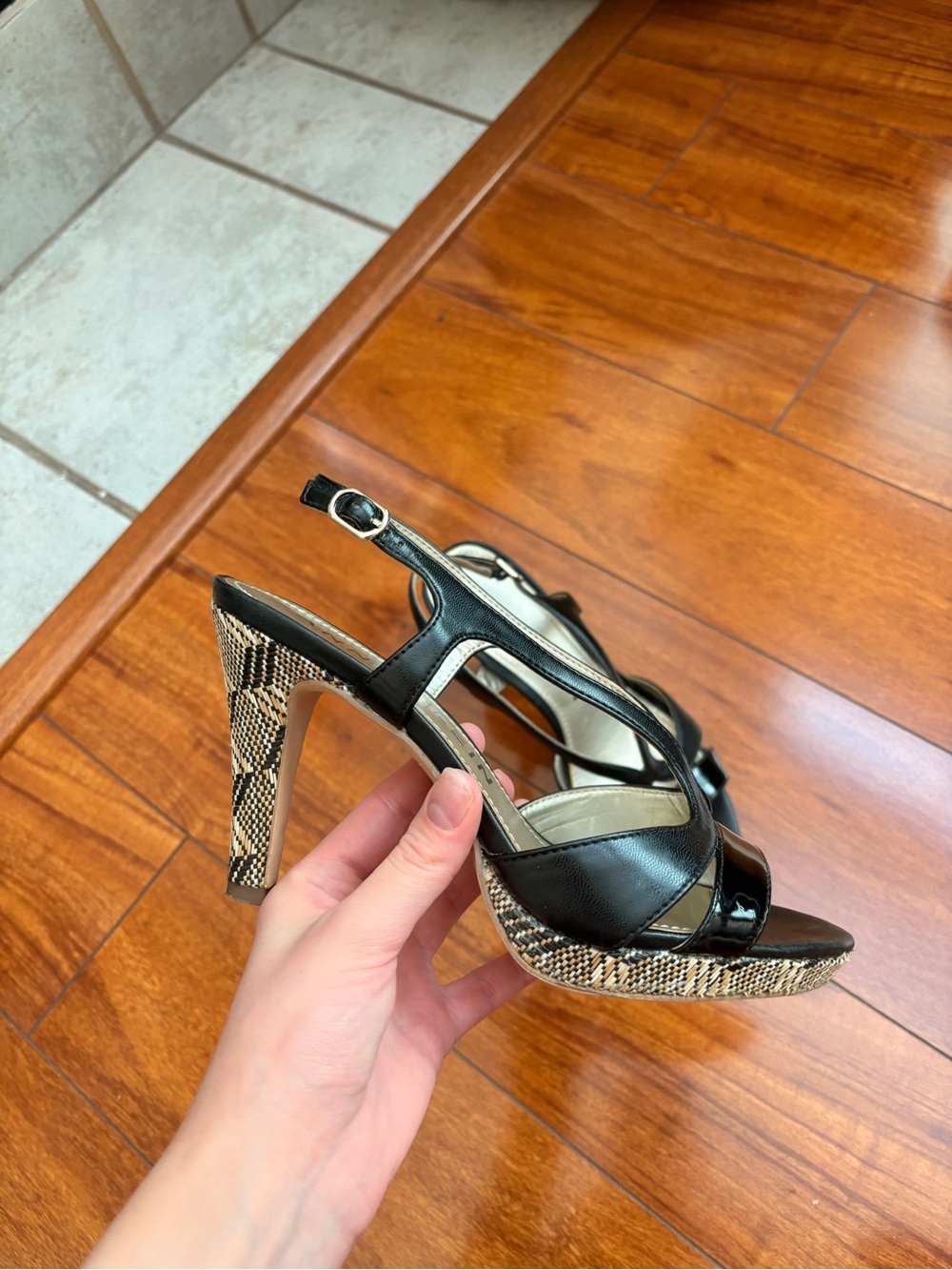 Black Snakeskin-Accent Slingback High Heels